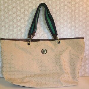 TOMMY HILFIGER Women's Tote Bag - Beige Logo - Traditional Blue/Green Straps
